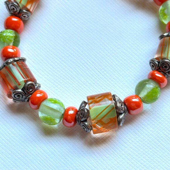 Handcrafted Artisan Orange & Green Glass Bead Bracelet Toggle Clasp - Picture 3 of 7